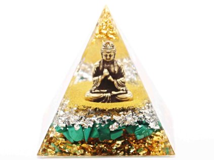 Orgonit pyramida 5x5 cm Buddha + kameny Malachit #OR045