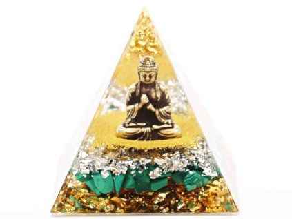 Orgonit pyramída 5x5 cm Budha + kamene Malachit #OR045