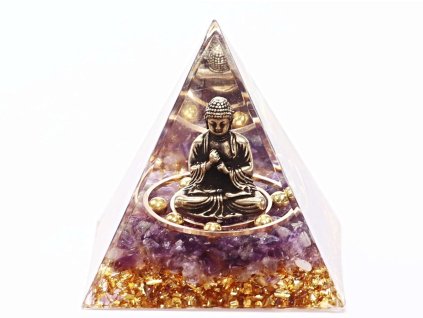 Orgonit pyramida 5x5 cm Buddha + kameny Ametyst #OR047