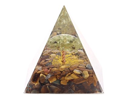 Orgonit pyramida 6x6 cm Tygří oko + Olivín strom #OR057