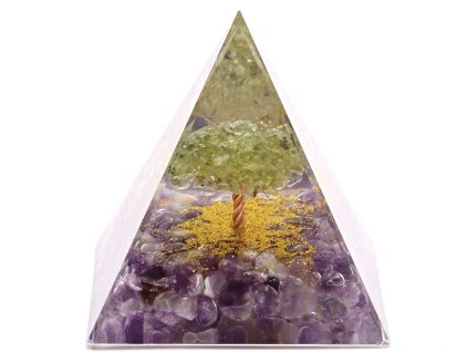 Orgonit pyramida 6x6 cm Ametyst + Olivín strom #OR059
