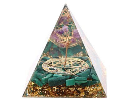 Orgonite pyramid 7x7 cm Malachite + Amethyst tree #OR064