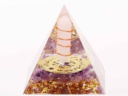 Orgonit pyramida 5x5 cm Ametyst kameny a špice Růženín #OR068