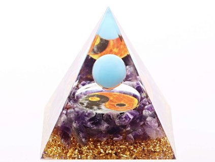 Orgonit pyramida 6x6 cm Ametyst kameny + Feng Shui + kulička #OR079