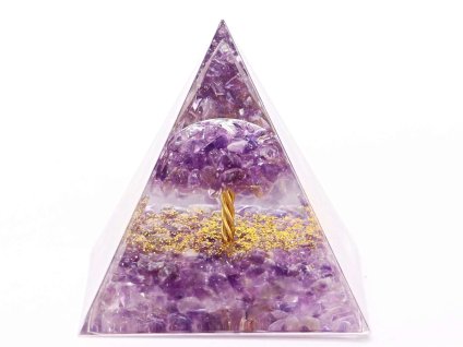 Orgonit pyramida 5x5 cm Ametyst kameny + strom života #OR090
