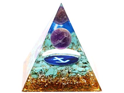 Orgonit pyramida Střelec 6x6 cm Howlit Tyrkenit + Ametyst kulička #OR092
