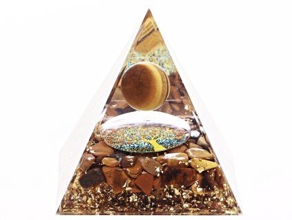 Orgonit pyramida 6x6 cm Tygří oko kameny a kulička #OR099