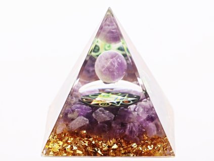 Orgonit pyramida 5x5 cm Ametyst kameny + Ametyst kulička #OR103