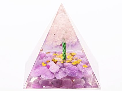 Orgonit pyramida 5x5 cm Lepidolit kameny + Růženín strom #OR106