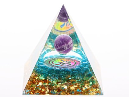 Orgonit pyramida 5x5 cm Ametyst kulička + symbol 30 = Om (ॐ) #OR108