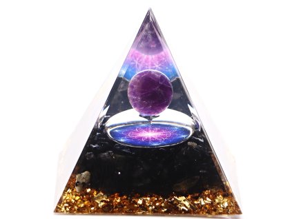 Orgonit pyramida 5x5 cm Ametyst kulička + Obsidián kameny #OR109