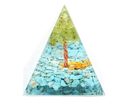 Orgonit pyramida 5x5 cm Howlit Tyrkenit kameny + strom Olivín #OR113