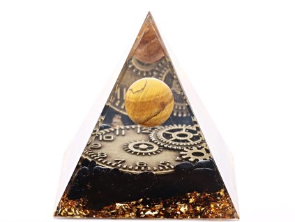 Orgonit pyramida 6x6 cm Obsidián kameny + Tygří oko kulička #OR122