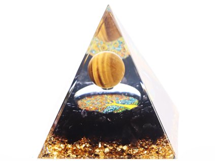 Orgonit pyramida 6x6 cm Obsidián kameny + Tygří oko kulička #OR124