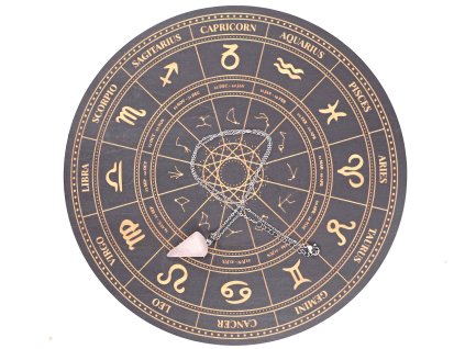 Tabliczka wróżebna znaki zodiaku #ZB246 wahadełko z różowego kwarcu naszyjnik – zestaw dla czarownicy