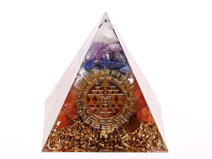 Orgonitová pyramida Čakrová harmonie 6×6 cm #OR167 síla barevných kamenů a Sri Yantra