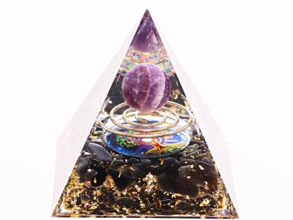 Orgonit pyramida 6x6 cm Ametyst kulička + obsidián kameny + spirála #OR168