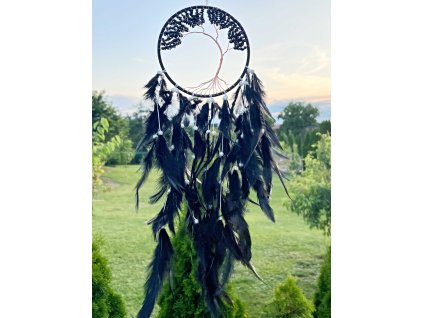 Lapač snů s motivem Stromu života – černý obsidián 60 cm #ZB319