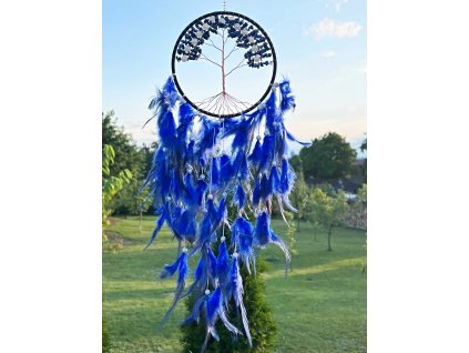 Lapač snů se stromem života – lapis lazuli & modrá pírka #ZB324