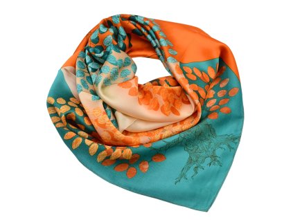 Šátek - zeleno-oranžový s květinovým motivem