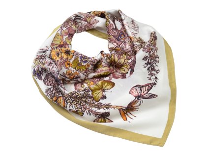 Šátek - béžový s květinovým potiskem a motýlky