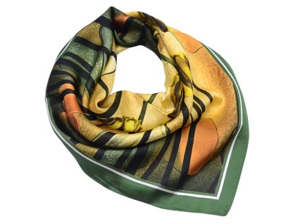 Šátek - zeleno-zlatý s květinovým potiskem