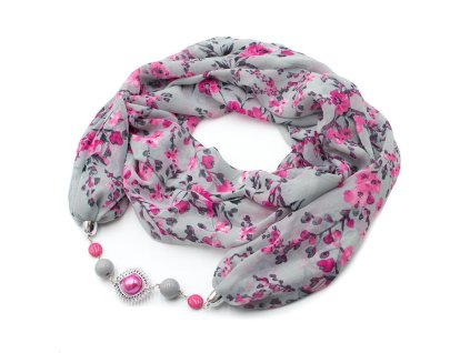 Šála s bižuterií Extravagant - šedá s potiskem