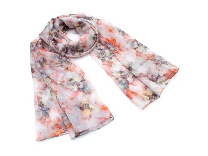 Šála vzdušná - bílo-oranžová s květinovým potiskem
