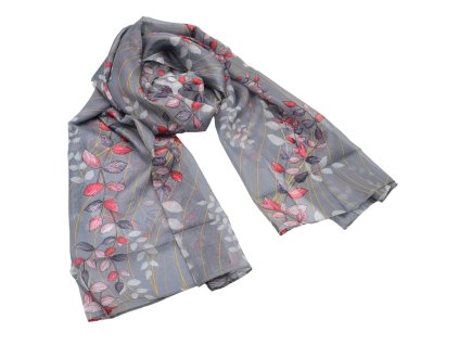 Šála vzdušná - šedá s motivem listů