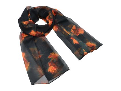 Šála vzdušná - černá s motivem podzimních listů