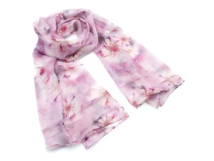 Šála vzdušná - bílo-fialová s květy