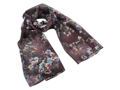 Šála vzdušná - tmavě hnědá s potiskem květin