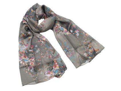 Šála vzdušná - šedohnědá s potiskem květin