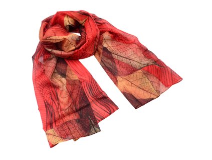 Šála vzdušná - červená s potiskem listů