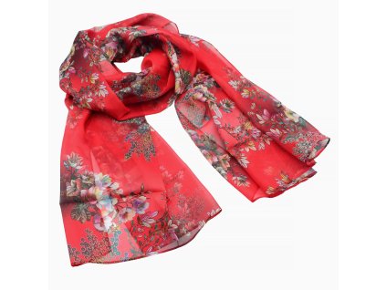 Šála vzdušná - červená s potiskem květin