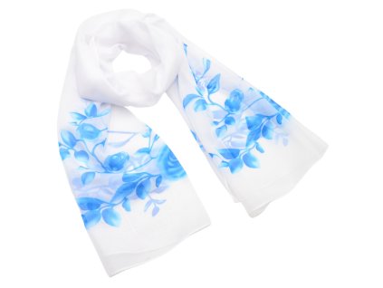 Šála vzdušná - bílo-modrá s motivem květin