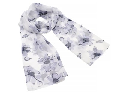 Šála vzdušná - bílá s šedým květinovým potiskem