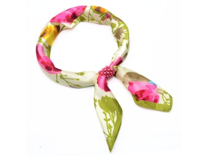 Šátek se sponkou Letuška Light - béžovo-zelený s květy