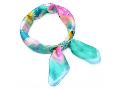 Šátek se sponkou Letuška Light - zeleno-růžový s květy