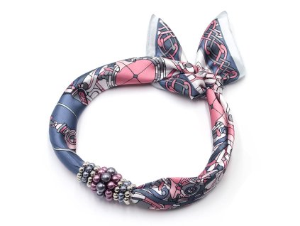 Šátek s bižuterií Letuška - šedo-růžový se vzorem