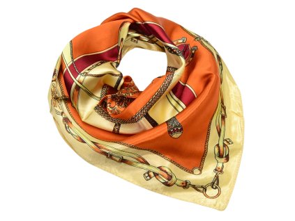 Šátek saténový - béžovo-oranžový s potiskem