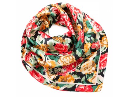 Šátek saténový - červeno-zelený s potiskem růží