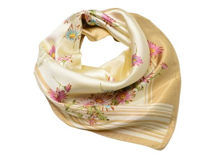 Šátek saténový - béžový s květy