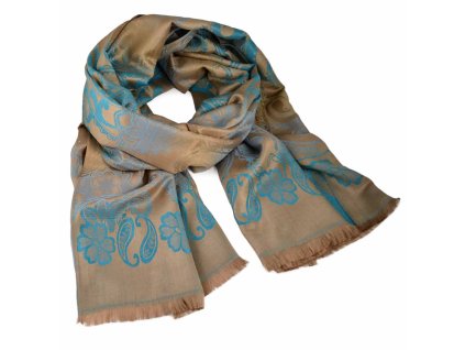 Šála teplá - hnědo-tyrkysová s potiskem květin