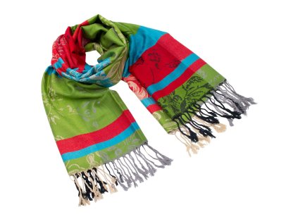 Šála teplá - zeleno-červená se vzorem