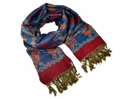 Šála kašmírová - modro-červená norský vzor