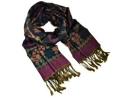 Šála kašmírová - zeleno-fialová norský vzor