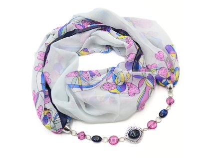 Šála s bižuterií Extravagant - bílo-fialová s potiskem
