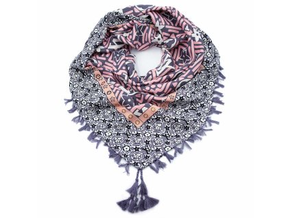 Velký šátek - šedo-růžový s potiskem