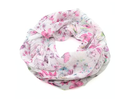 Tunelová šála - bílo-růžová s květinovým vzorem